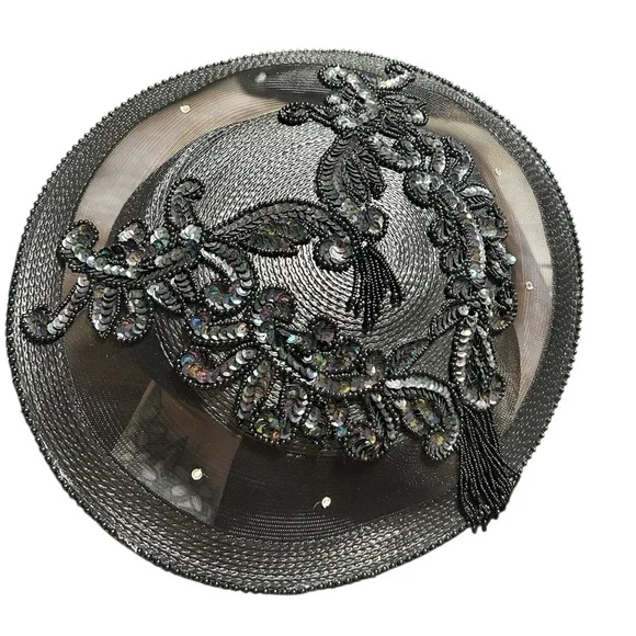 Vintage Beaded Sequin Derby Hat Black Statement Formal Cocktail Church Tassel - Picture 3 of 5